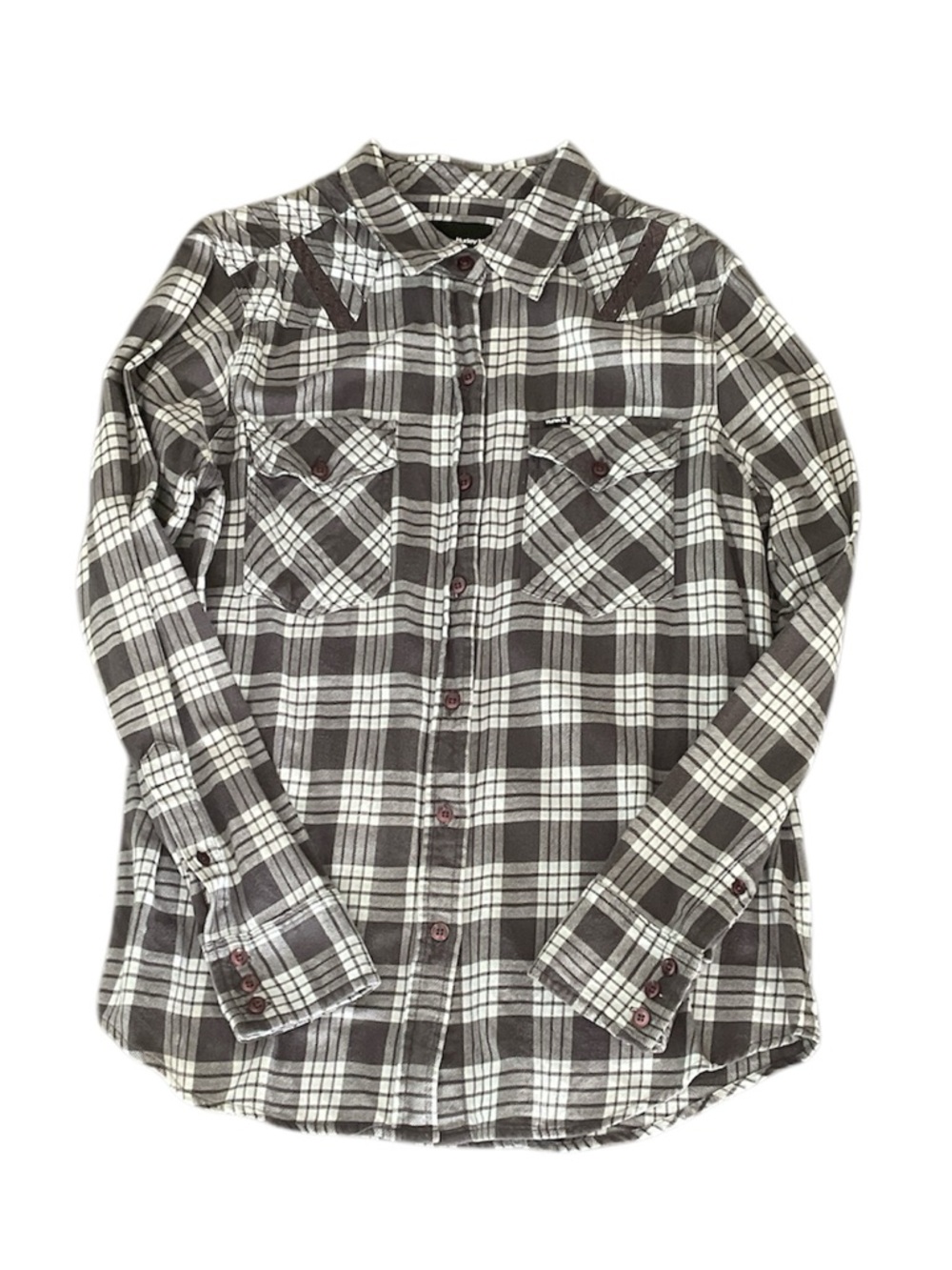 Hurley gray & white plaid western wear button up flannel